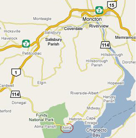 Map of roads leading to Alma and Fundy
